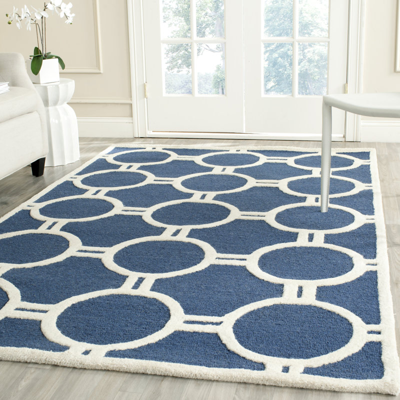 Navy Blue and Ivory Hand-Tufted Wool Square Rug, 24" x 24"