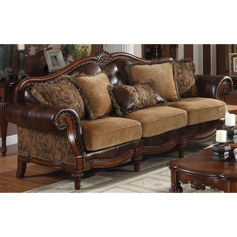 Elegant 95'' Two-Tone Brown Faux Leather & Chenille Sofa with Nailhead Trim