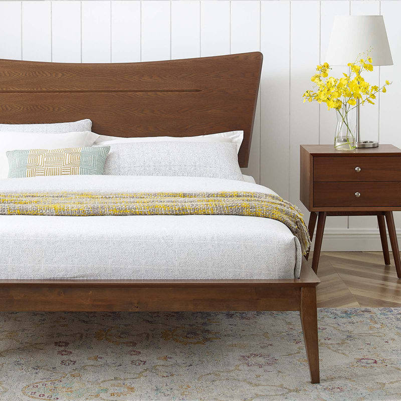 Astra Mid-Century Walnut Full Platform Bed with Wood Headboard
