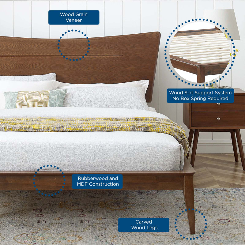 Astra Mid-Century Walnut Full Platform Bed with Wood Headboard