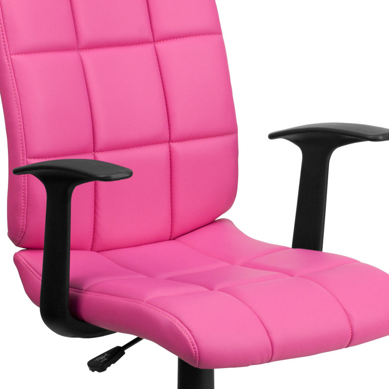 Elegant Mid-Back Pink Quilted Vinyl Swivel Task Chair with Arms