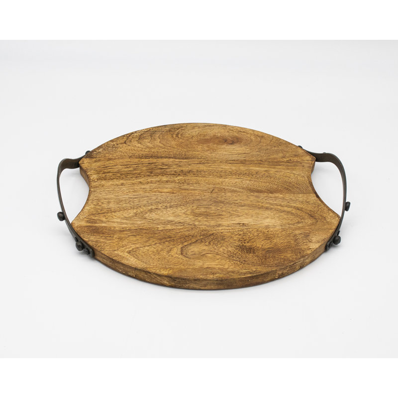 Rustic Acacia Wood & Metal Handled Round Tray, 13"