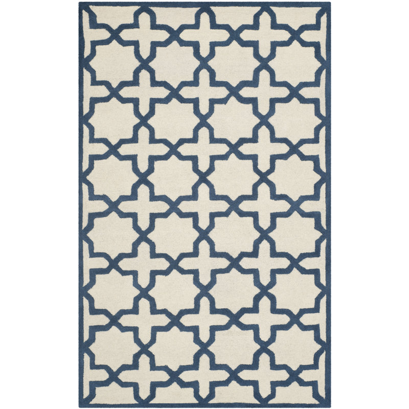 Navy and Ivory Hand-Tufted Wool Geometric Runner Rug