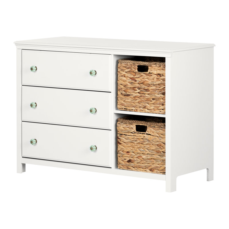 Bohemian Pure White 3-Drawer Dresser with Wicker Baskets