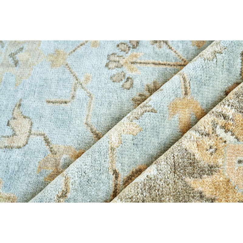 Light Blue and Beige Hand-Knotted Wool Oriental Rug 8' x 10'
