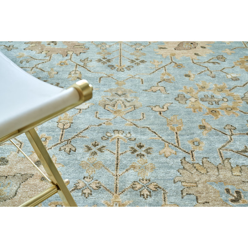 Light Blue and Beige Hand-Knotted Wool Oriental Rug 8' x 10'