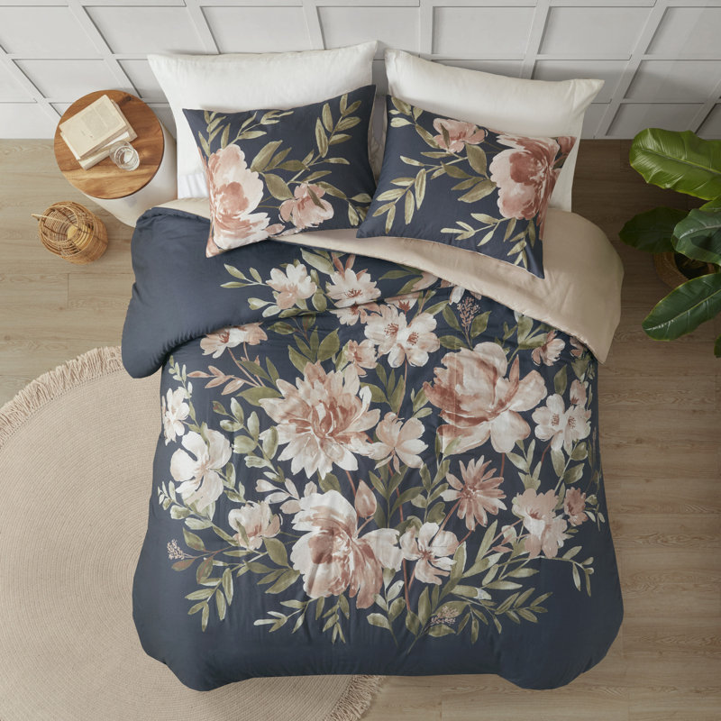Camillia Navy Floral Cotton King/Cal King Duvet Cover Set