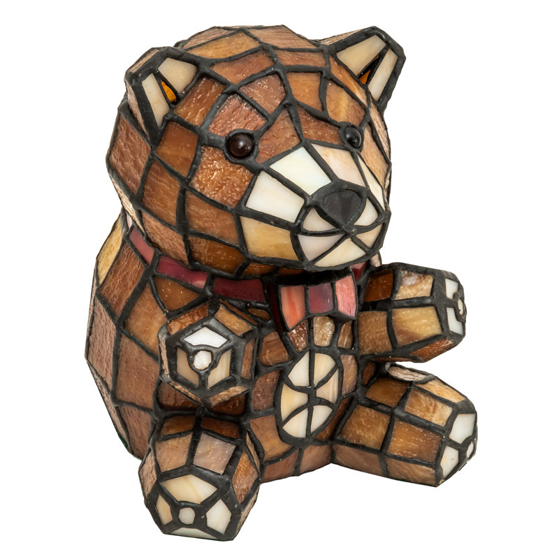 7" Mauve and Coral Stained Glass Teddy Bear Accent Lamp