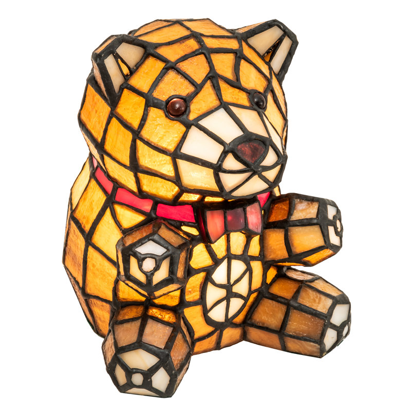 7" Mauve and Coral Stained Glass Teddy Bear Accent Lamp
