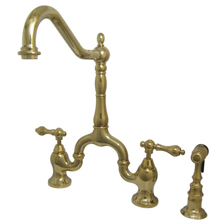 Polished Brass Traditional Bridge Kitchen Faucet with Pull-out Spray