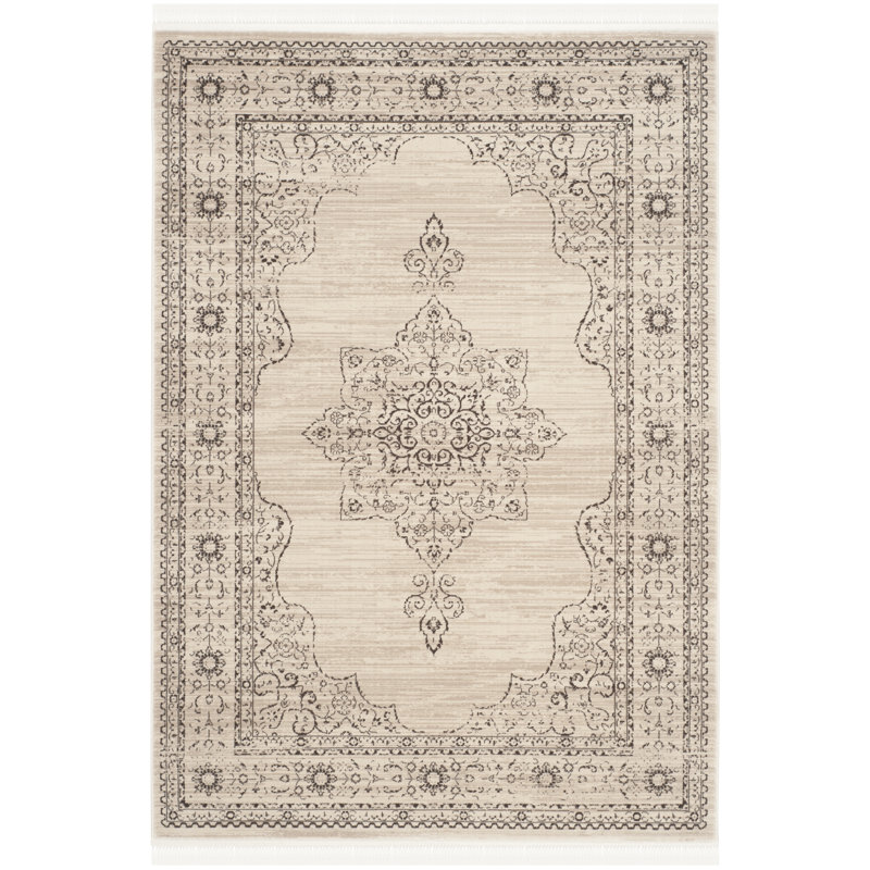 Elegant Cream and Gold Viscose 5'1" x 7'6" Traditional Area Rug