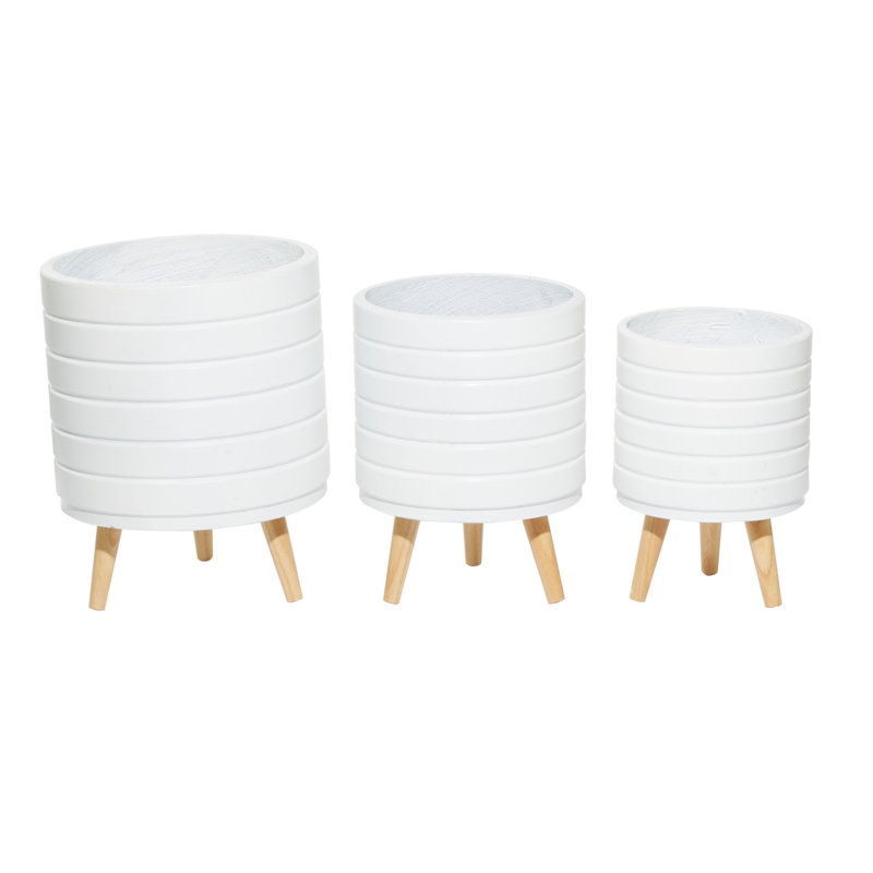 Set of 3 White Fiber Clay Etched Planters with Wooden Tripod Stand