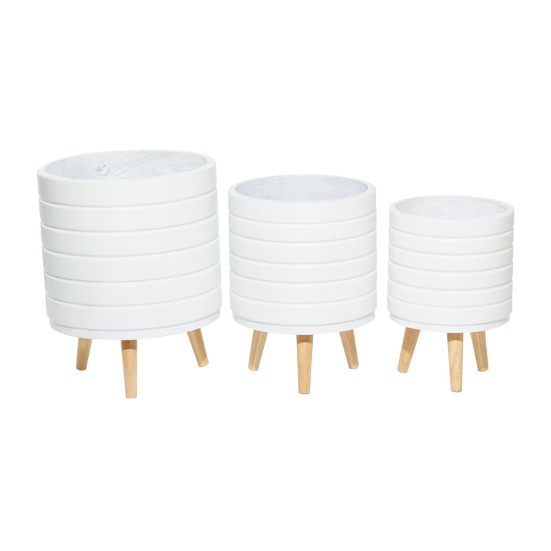 Set of 3 White Fiber Clay Etched Planters with Wooden Tripod Stand