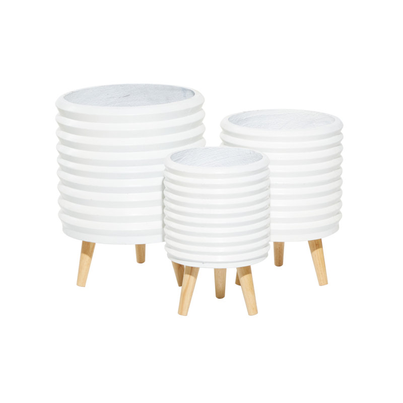 White Magnesium Oxide Round Planter Set with Wood Legs, 14", 16", 18"H