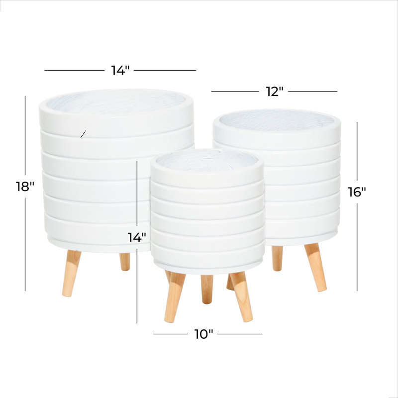 Set of 3 White Fiber Clay Etched Planters with Wooden Tripod Stand
