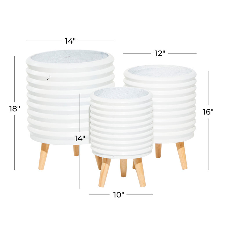White Magnesium Oxide Round Planter Set with Wood Legs, 14", 16", 18"H