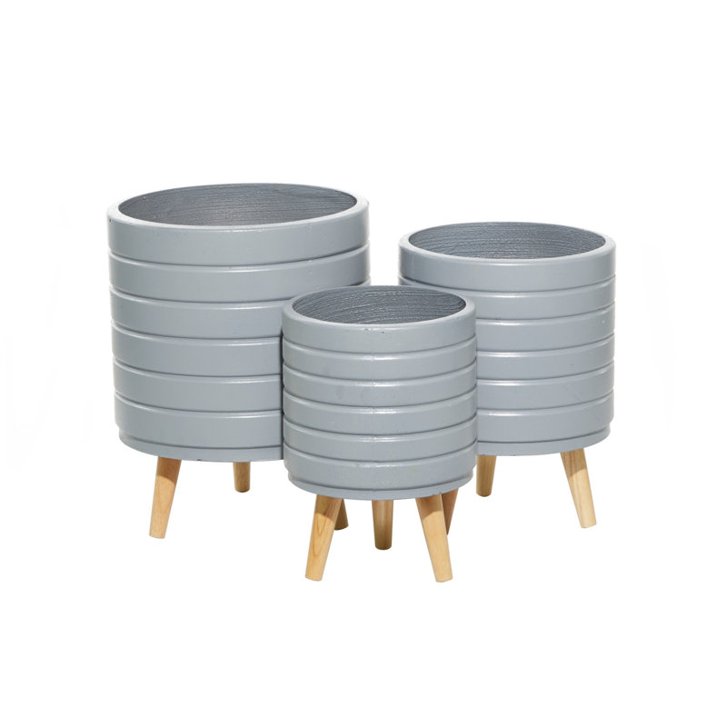Gray Fiber Clay Planter Set with Wooden Legs