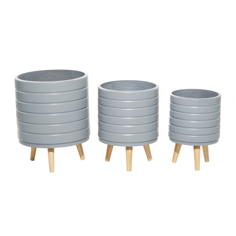 Gray Fiber Clay Planter Set with Wooden Legs