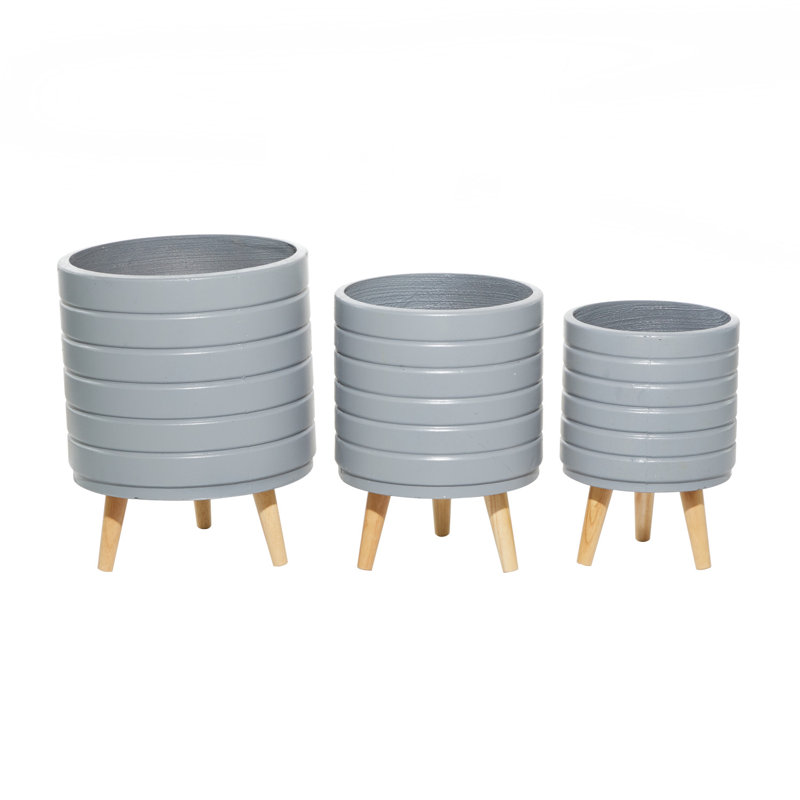Gray Fiber Clay Planter Set with Wooden Legs