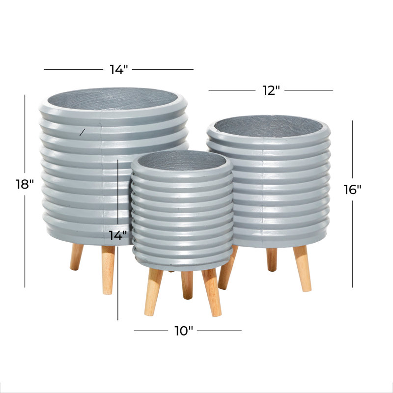 Chic Gray Fiber Clay Grooved Planters on Wooden Tripod Legs - Set of 3