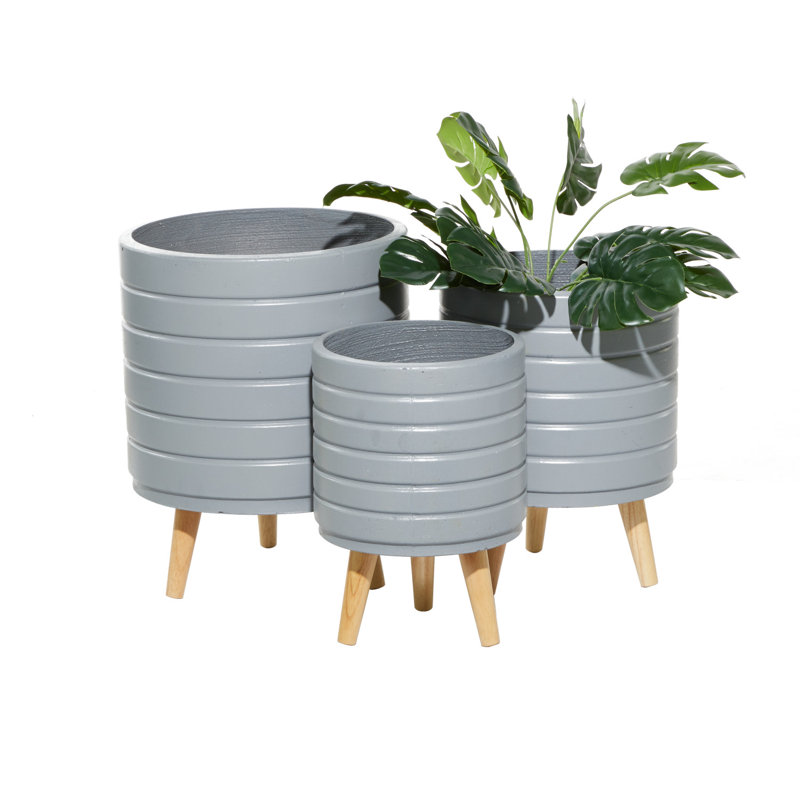 Gray Fiber Clay Planter Set with Wooden Legs