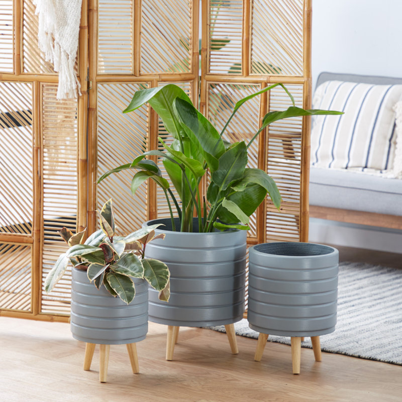 Gray Fiber Clay Planter Set with Wooden Legs