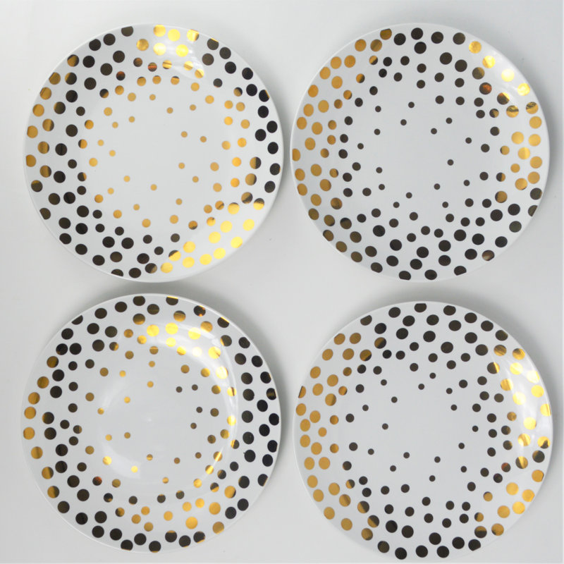 White and Gold Polka Dot Porcelain Salad Plates, Set of 4