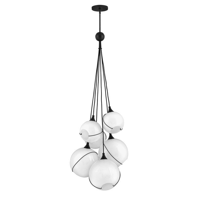 Skye Mid-Century Modern Asymmetrical 6-Light Black Chandelier with Opal Glass Globes