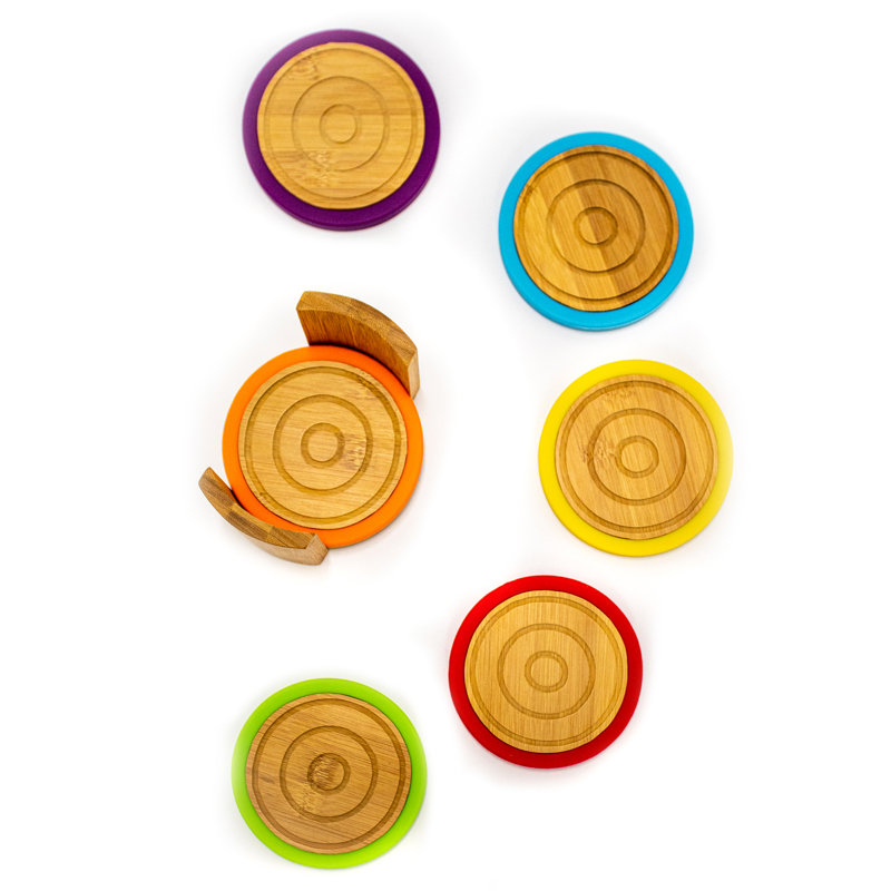 Eco-Friendly Bamboo and Colorful Silicone 6-Piece Coaster Set