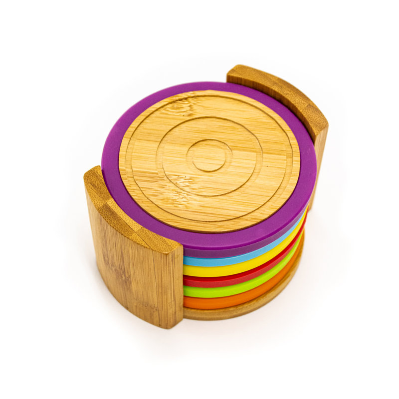 Eco-Friendly Bamboo and Colorful Silicone 6-Piece Coaster Set