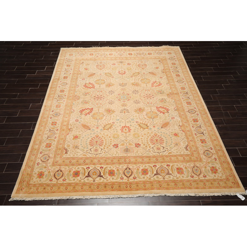 Handmade 9'1" x 11'10" Beige and Red Wool Oriental Rug