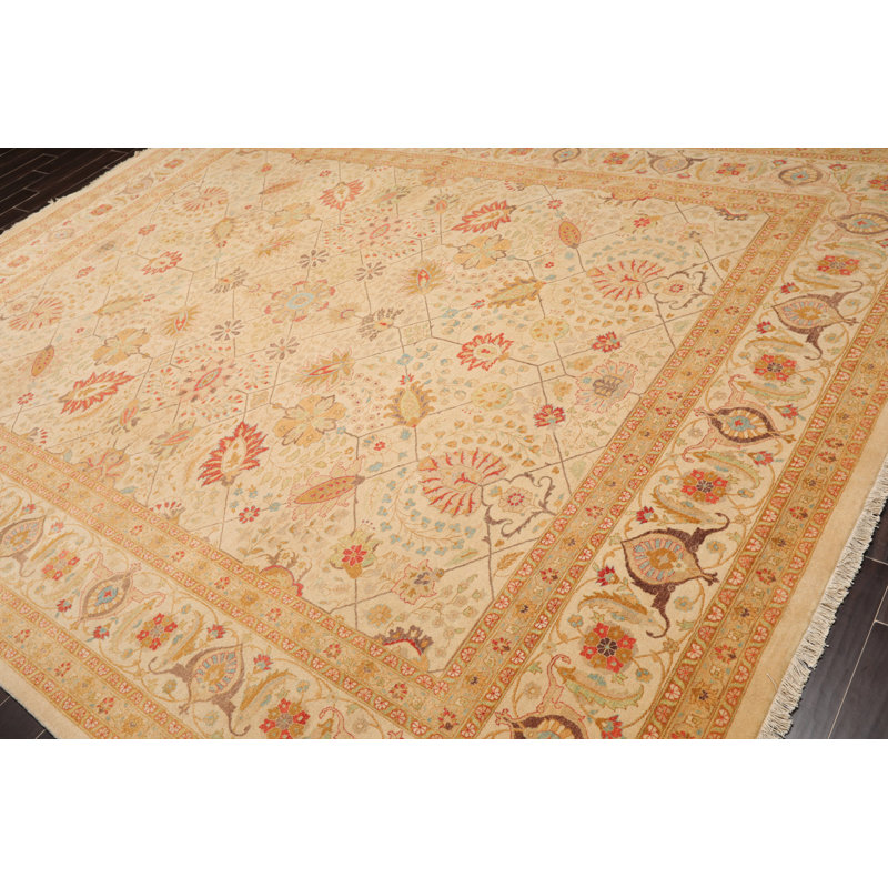 Handmade 9'1" x 11'10" Beige and Red Wool Oriental Rug