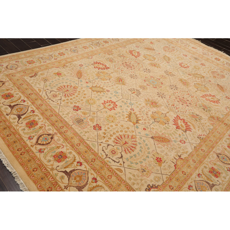Handmade 9'1" x 11'10" Beige and Red Wool Oriental Rug