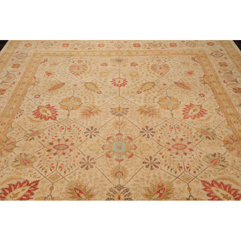 Handmade 9'1" x 11'10" Beige and Red Wool Oriental Rug