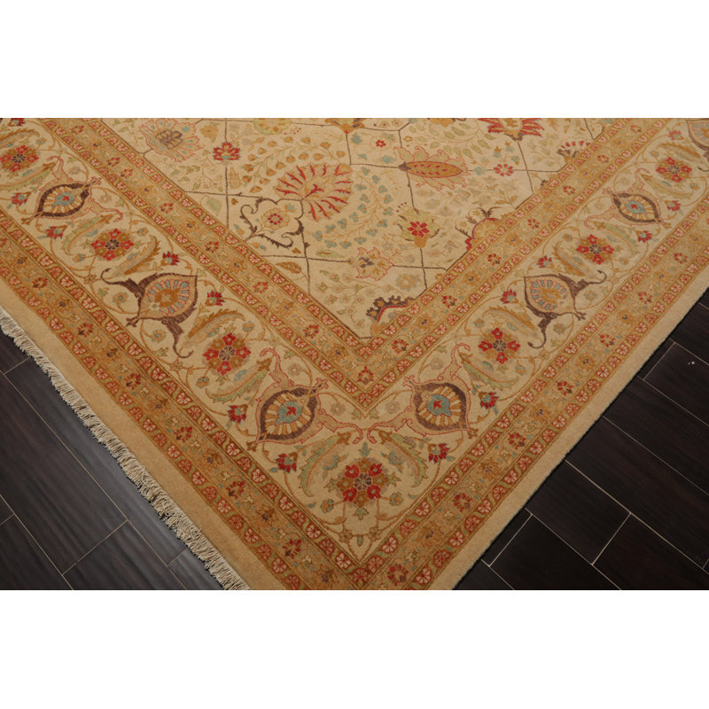 Handmade 9'1" x 11'10" Beige and Red Wool Oriental Rug