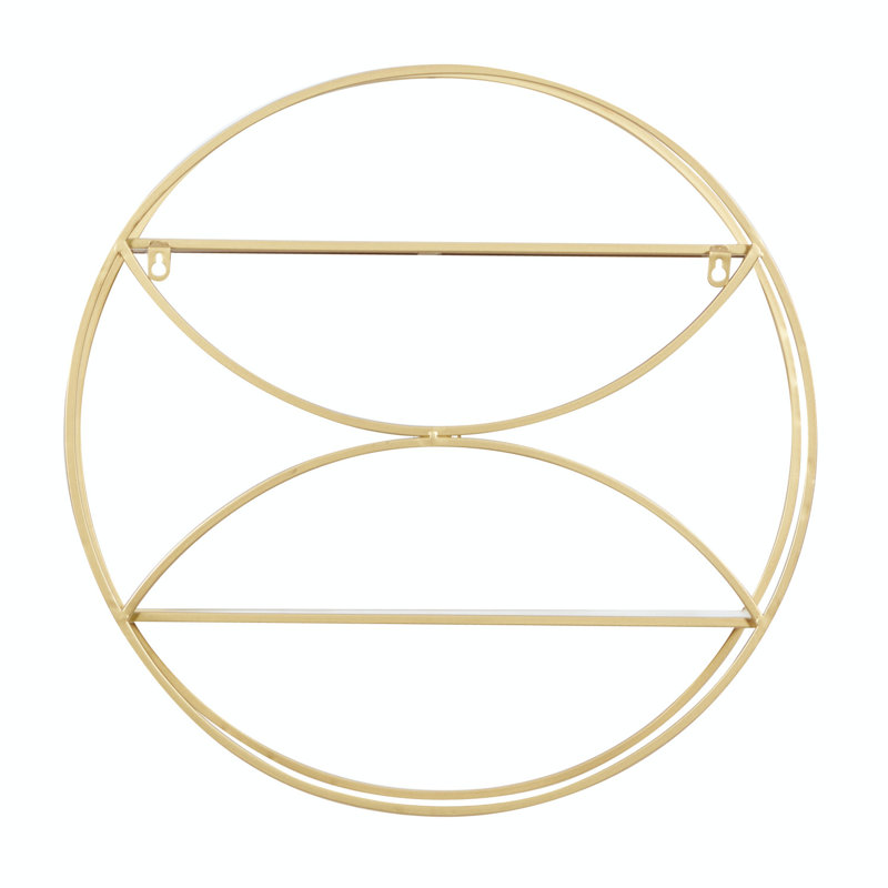 Contemporary Gold Round Iron & Wood Wall Shelf, 22" x 7"