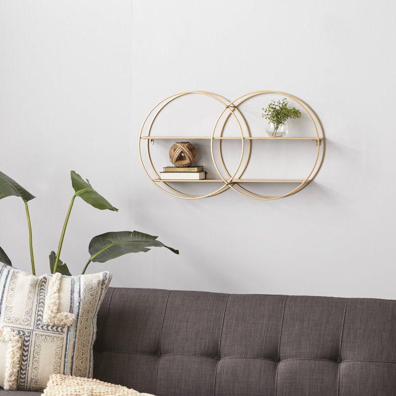 Elegant Rustic 30" Gold & Brown Iron 2-Tier Floating Wall Shelf