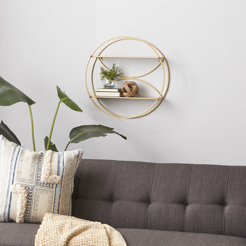 Contemporary Gold Round Iron & Wood Wall Shelf, 22" x 7"