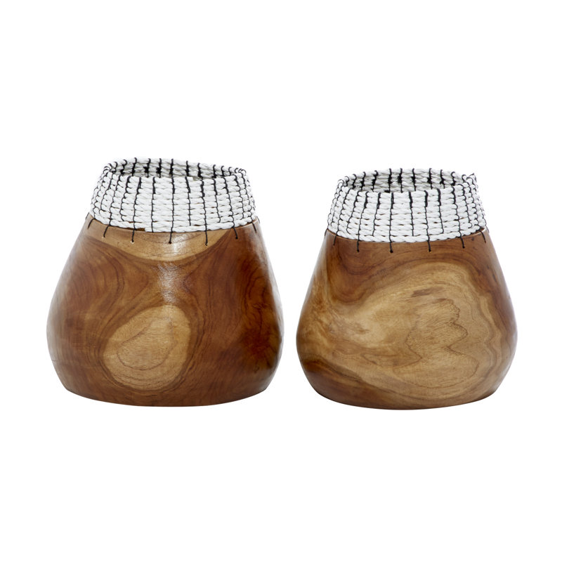 Bohemian Teak & Seagrass 9" Decorative Bowl Set with Stand