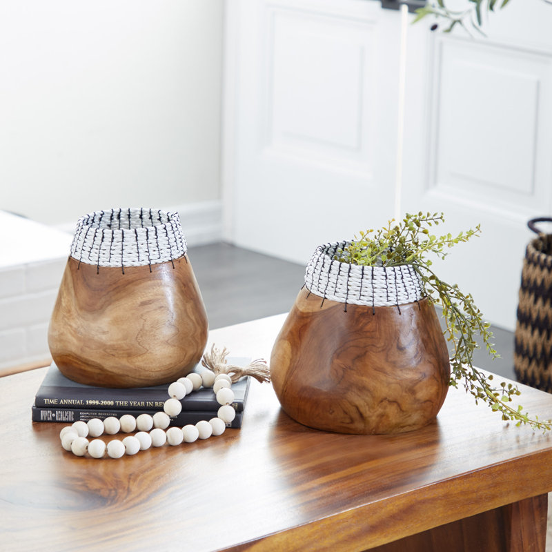 Bohemian Teak & Seagrass 9" Decorative Bowl Set with Stand