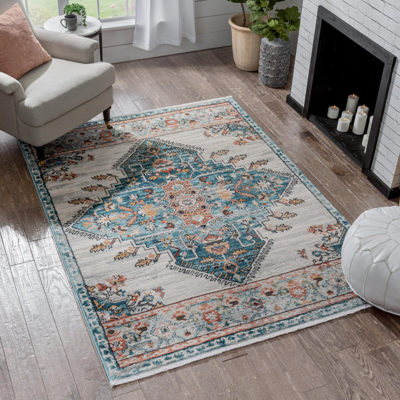 Oriental Blue Synthetic 5' x 7' Easy-Care Stain-Resistant Area Rug