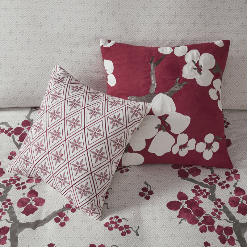 Elegant Cherry Blossom Embroidered Square Throw Pillow, 18x18