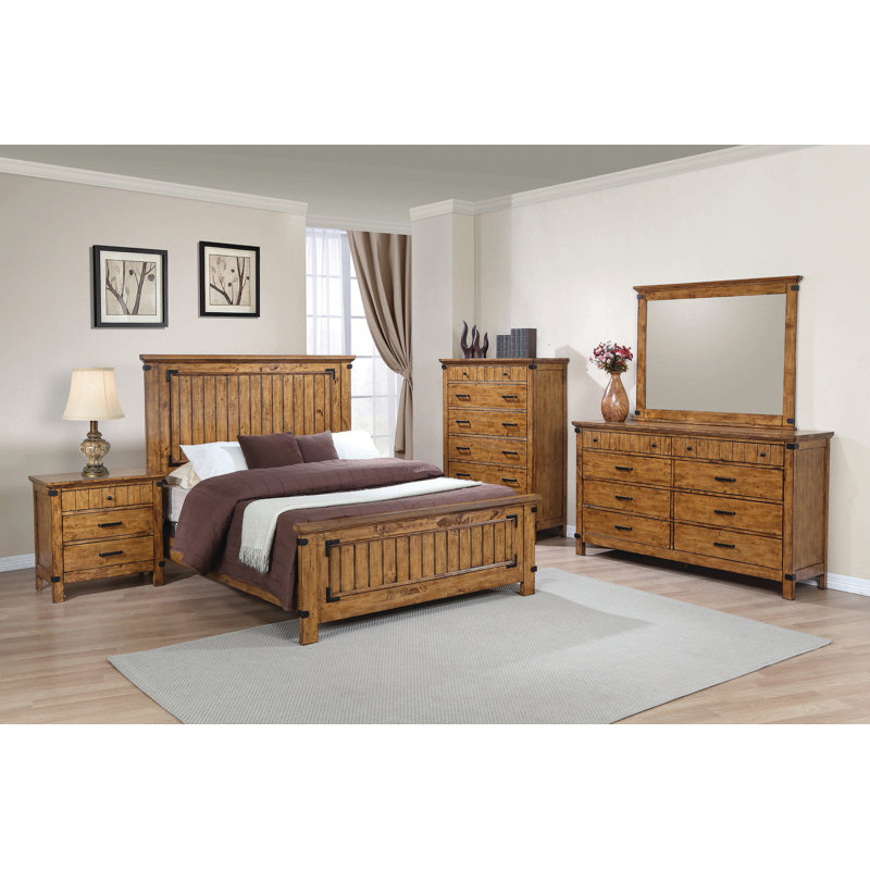 Rustic Honey Queen Panel Bed with Tufted Upholstered Headboard