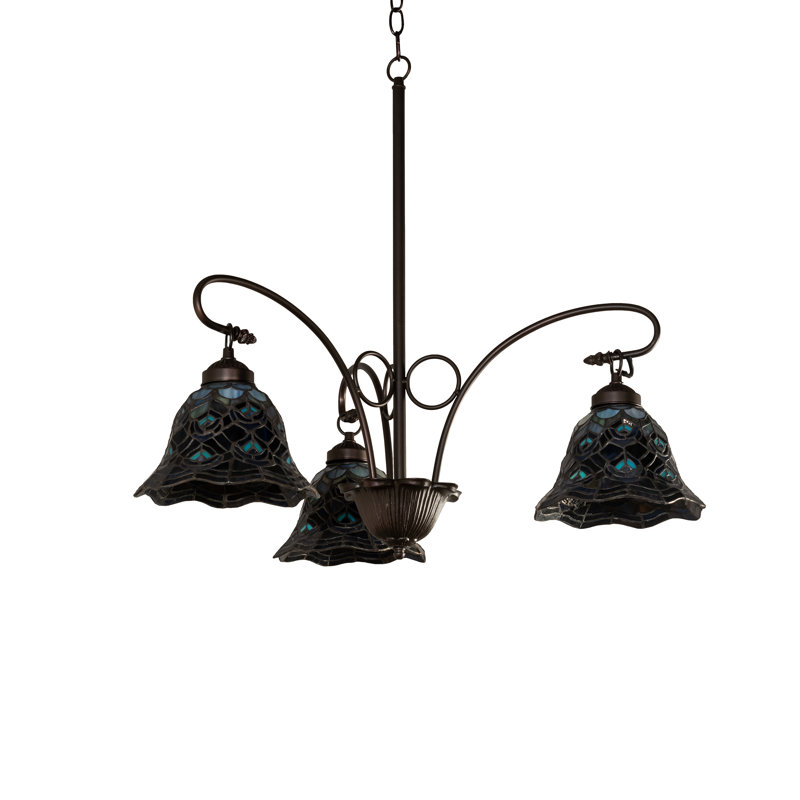 Mauve and Amber Glass 3-Light Peacock Feather Chandelier in Mahogany Bronze