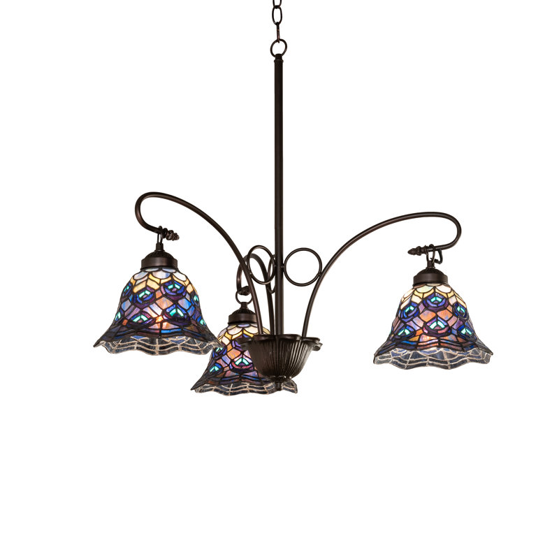 Mauve and Amber Glass 3-Light Peacock Feather Chandelier in Mahogany Bronze