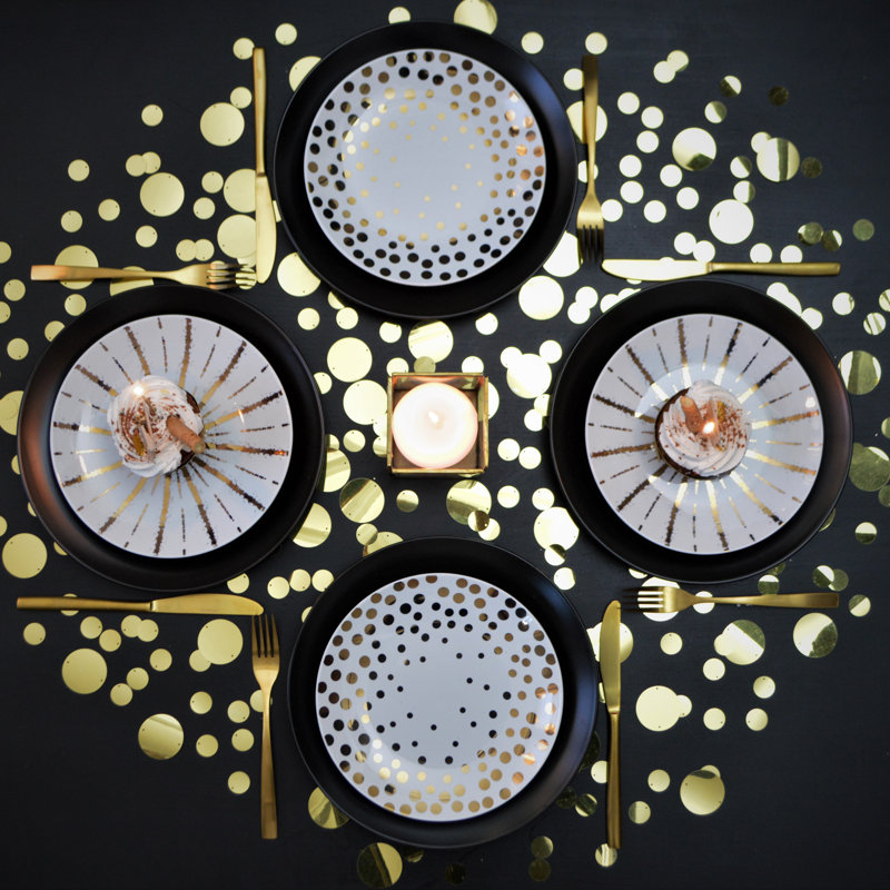 White and Gold Polka Dot Porcelain Salad Plates, Set of 4