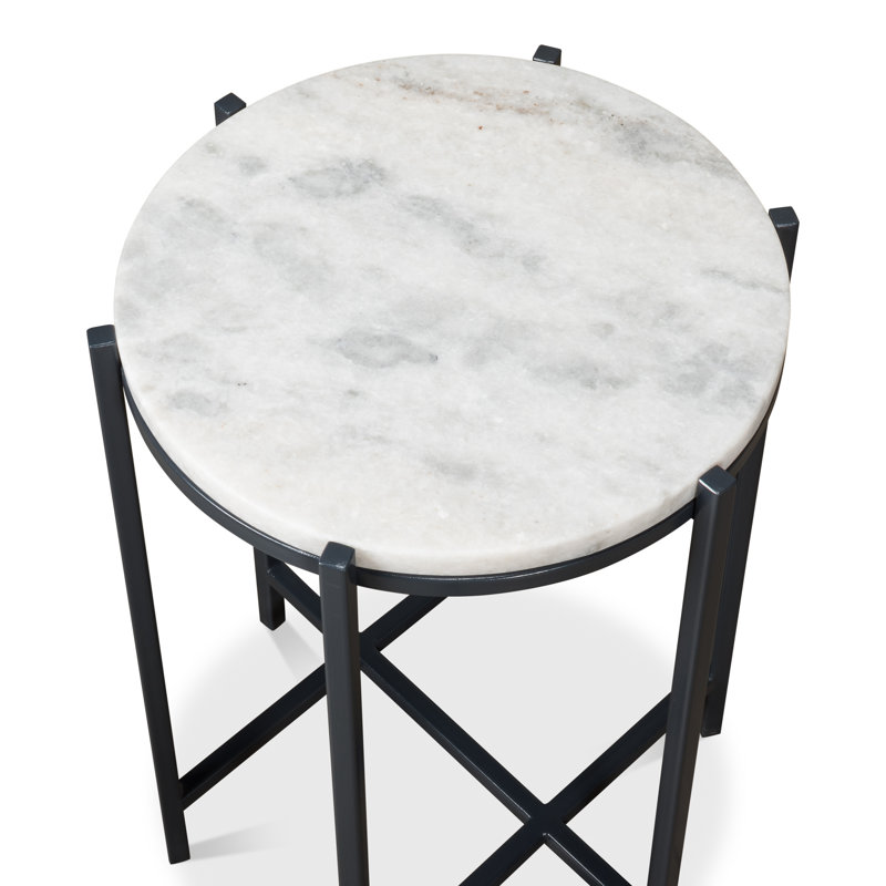 Contemporary Black Stone and Metal Round Side Table, 16"