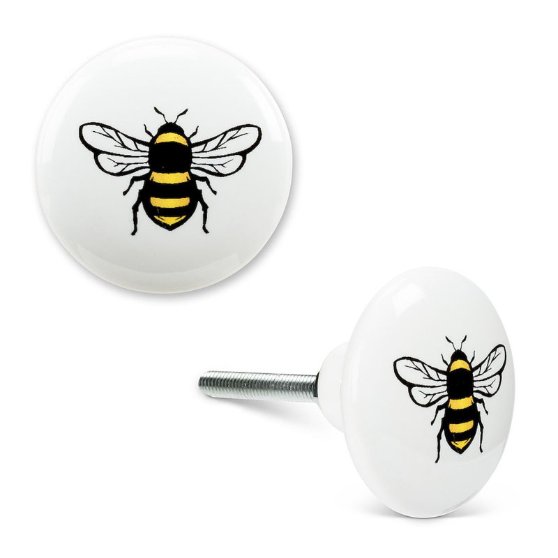 White Round Ceramic Bee-Themed Drawer Knob