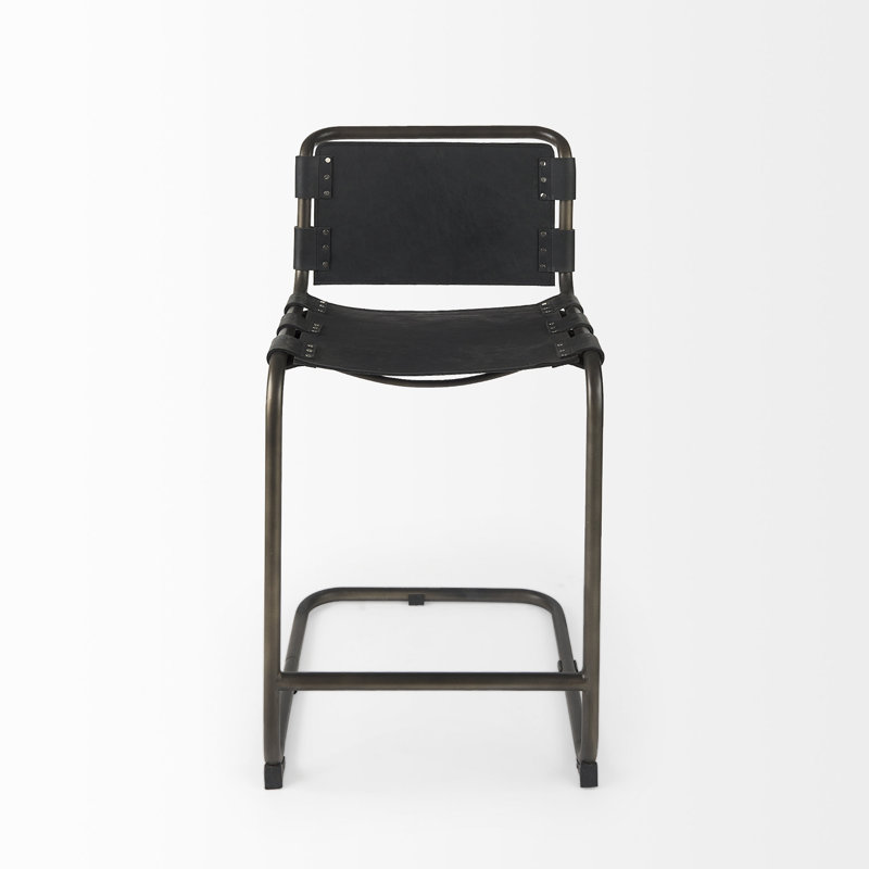 Berbick Black Leather and Iron Counter Stool, 26" Seat Height