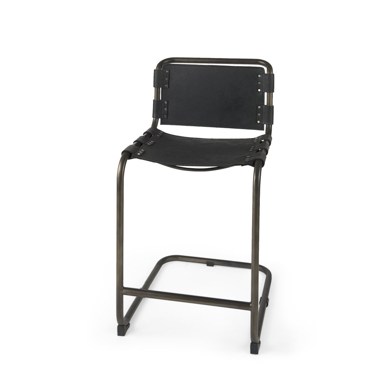 Berbick Black Leather and Iron Counter Stool, 26" Seat Height